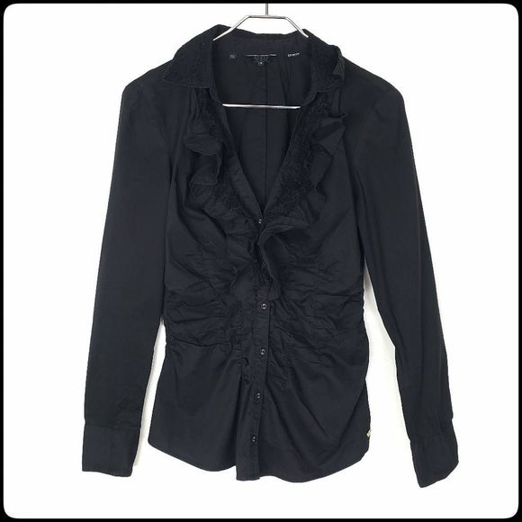 Guess Tops - GUESS Los Angeles Black Lace Ruffle Stretchy Button Down Long Sleeve Shirt Top M